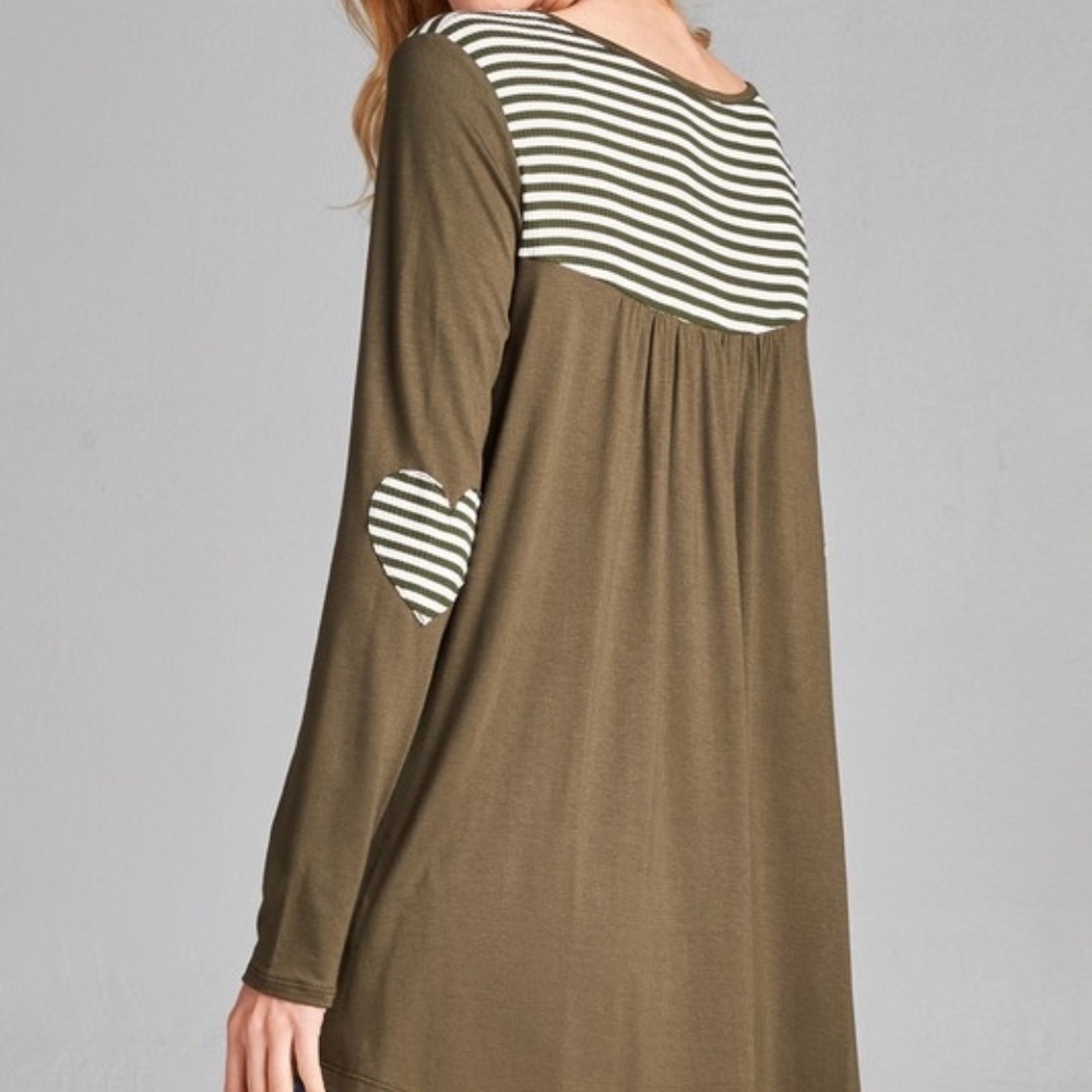 NWT Olive Green Top w/ Striped Yoke & Elbow Hearts